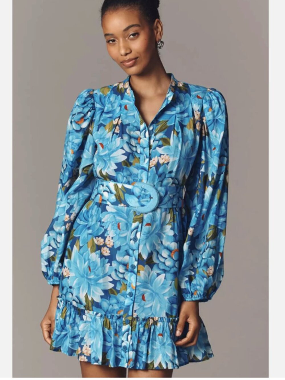 Farm Rio X Anthropologie Long-Sleeve Mini Swing Dress Belted Blue Floral S NWT